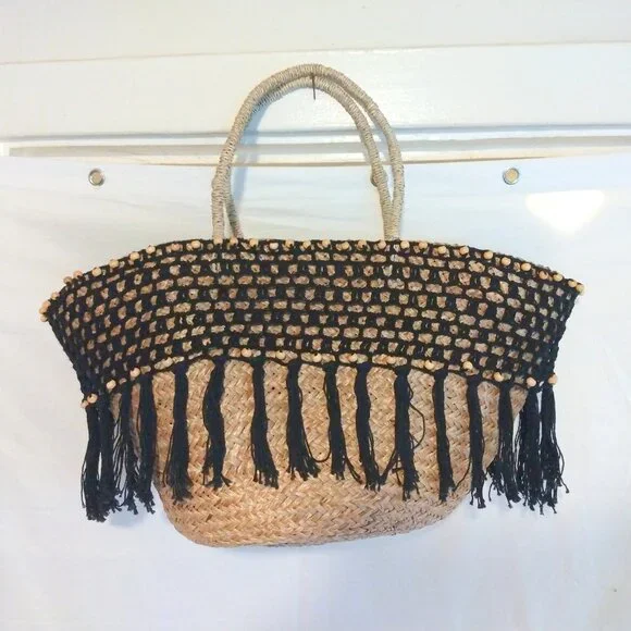 Handmade Braided Straw Basket Tote Boho Crochet Beaded Trim Drawstring Bag - Picture 2 of 10